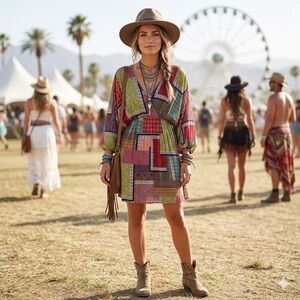 Easel Patchwork Boho Mini Dress V-Neck Bell Sleeve Multi-Color Small Festival